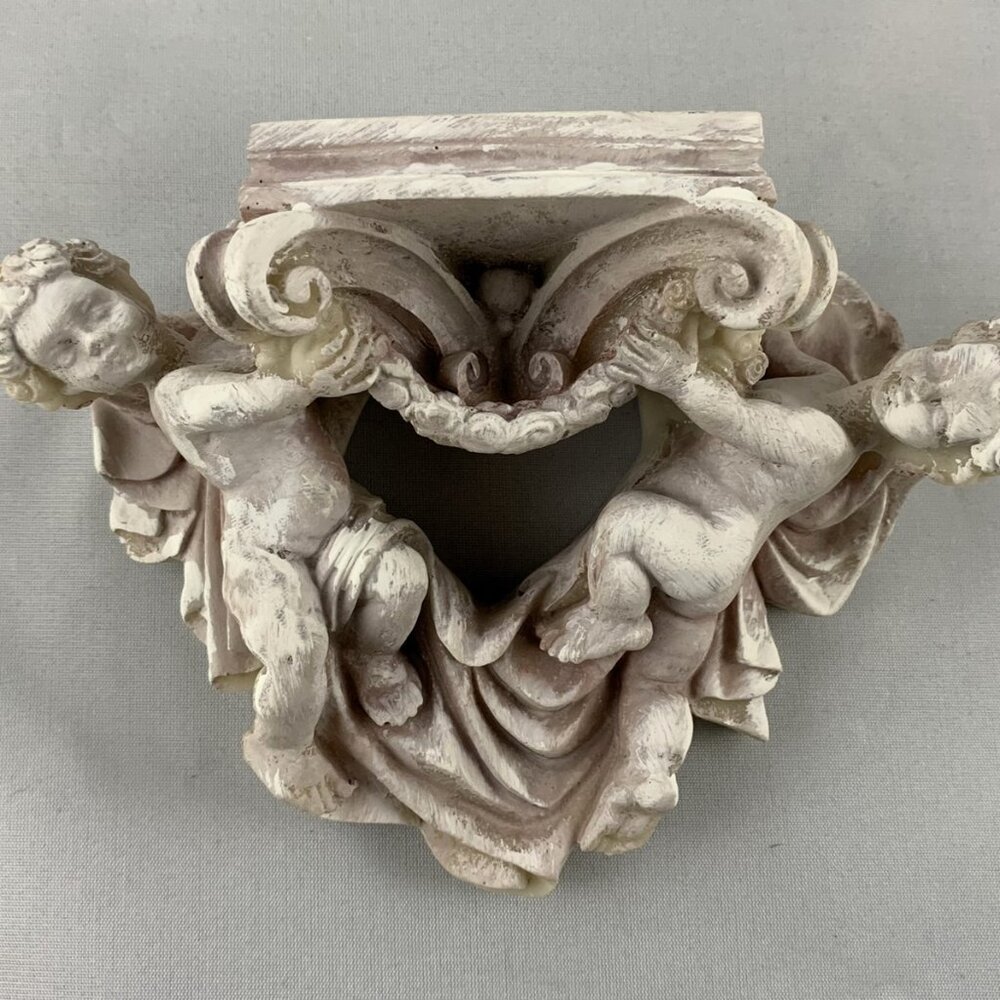 Vintage Victorian Angel Cherub Wall Sconce Shelf, Resin, White